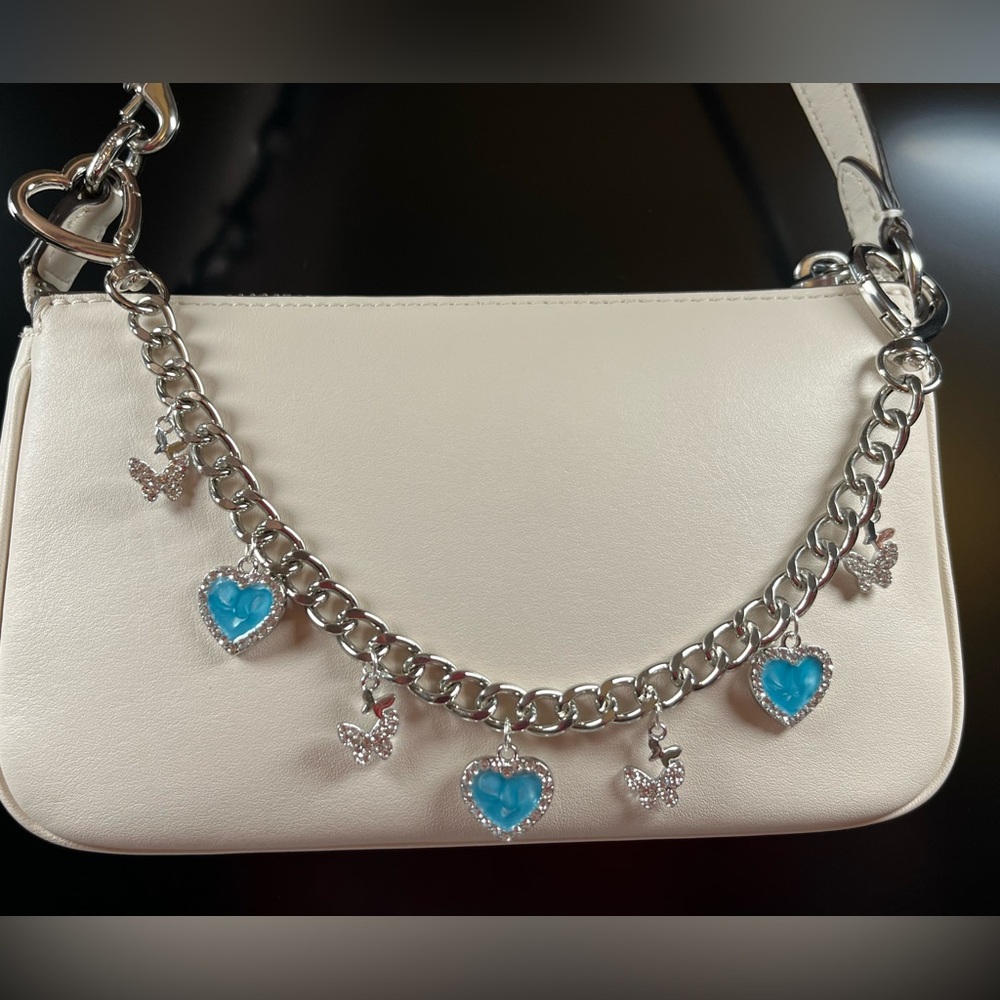 Bag Charm Chain in Silver Tone With Blue Hearts and Silver Tone Butterflies